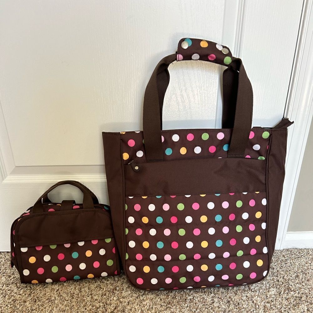 Pottery Barn Brown Polka Dots Travel Tote Bag and Small Toiletry Cosmetic Bag
